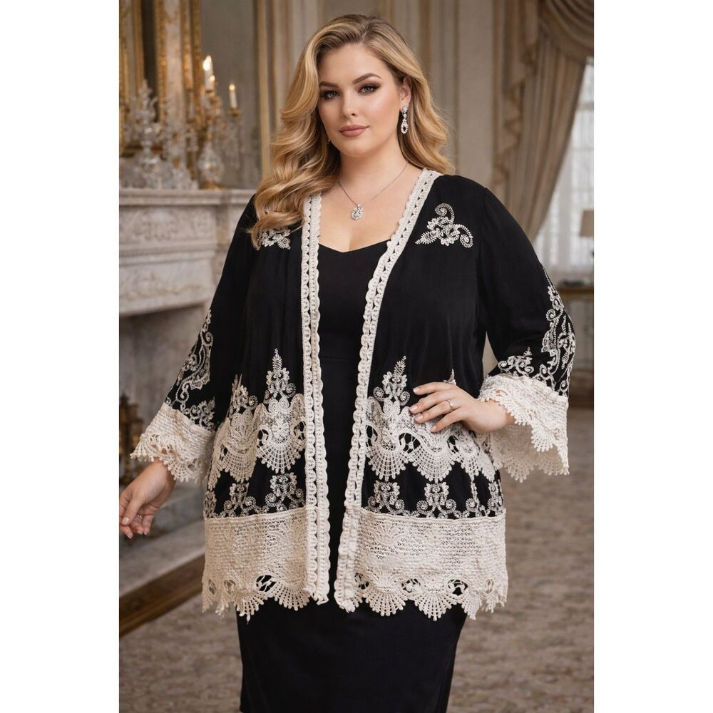 Solitaire Black White Lace Cardigan Robe Top  Women's Plus Size 1X